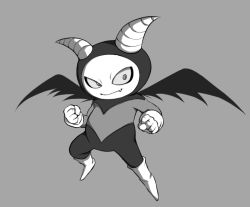  10s 1boy bat_wings bodysuit boots dragon_ball dragon_ball_super fang gloves grey_background greyscale horns male_focus monochrome solo wings zoiray 