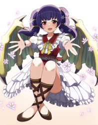  1girl :d blunt_bangs blush commission crossed_legs dragon_girl dragon_wings dress fire_emblem fire_emblem:_the_sacred_stones fire_emblem_heroes flower full_body hair_flower hair_ornament highres knee_up layered_dress legs_together looking_at_viewer myrrh_(fire_emblem) myrrh_(valentine)_(fire_emblem) nintendo official_alternate_costume open_mouth outstretched_arms puffy_short_sleeves puffy_sleeves purple_hair red_dress red_eyes seiji_(artman) short_sleeves skeb_commission smile solo twintails white_dress wings 