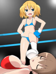 2girls bikini blonde_hair blue_bikini blue_eyes boxing boxing_gloves breasts brown_hair cleavage defeat fang feet femdom foot_on_head from_below humiliation large_breasts multiple_girls open_mouth red_bikini ryona shamanwer smaller_dominant stepped_on stomping swimsuit thong thong_bikini twintails unconscious underwear rating:Questionable score:37 user:eloquentelegy