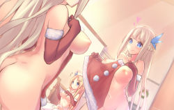 2girls aoi_lavender artist_name ass blonde_hair blue_eyes blush braid breasts christmas closed_mouth crown_braid dressing dutch_angle elbow_gloves from_behind fur_trim garter_belt gloves hair_ornament hairclip heart highres holding holding_clothes holding_panties holding_underwear indoors lexington_(warship_girls_r) looking_at_mirror mirror multiple_girls navel nipples nude panties red_gloves reflection santa_costume saratoga_(warship_girls_r) signature sitting smile thighhighs underwear warship_girls_r white_legwear rating:Questionable score:41 user:danbooru