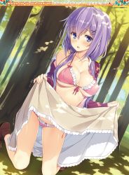 1girl absurdres bikini blue_eyes blush boots breasts cameltoe clothes_lift collarbone day dengeki_moeou dutch_angle forest frilled_bikini frills front-tie_top hair_between_eyes hair_ornament hairclip highres kneeling large_breasts lifting_own_clothes long_hair low_twintails nature off_shoulder open_clothes open_mouth outdoors pink_bikini purple_hair scan side-tie_bikini_bottom skindentation skirt skirt_lift solo swimsuit tree twintails yuuki_hagure  rating:Sensitive score:57 user:danbooru
