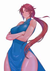  1girl arms_under_breasts bare_shoulders blue_dress blurry breasts brown_eyes brown_hair china_dress chinese_clothes collared_dress commission covered_navel crossed_arms depth_of_field dress hair_between_eyes hairband highres hong_xiu_ying large_breasts long_hair looking_at_viewer low_ponytail parted_bangs red_hairband sega serious shenmue shenmue_ii side_slit sidelocks skin_tight solo studionice2011 thighs toned twitter_username very_long_hair white_background white_trim  rating:Sensitive score:14 user:danbooru