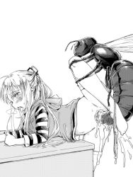 1girl against_table bestiality blush bottomless bug cum cum_in_pussy giant_insect hood hoodie kemarike long_hair monochrome original sex sex_from_behind tongue tongue_out wasp  rating:Explicit score:64 user:DoctorWasabi