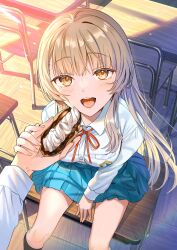 1girl :d absurdres aisare_tenshi_na_classmate_ga_ore_ni_dake_itazura_ni_hohoemu aqua_skirt between_legs black_socks breasts brown_eyes chair chocolate collared_shirt cover_image cream desk dress_shirt fed_by_viewer feeding feet_out_of_frame food from_above hand_between_legs highres holding holding_food holding_hands indoors kneehighs light_brown_hair light_rays long_hair long_sleeves looking_at_viewer medium_breasts miniskirt novel_illustration official_art on_desk open_mouth pleated_skirt pov pov_hands school_chair school_desk school_uniform second-party_source shade shirt sitting on_desk skirt smile socks solo_focus sunbeam sunlight tan_(tangent) teeth textless_version tongue upper_teeth_only very_long_hair white_shirt