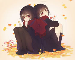  2girls :o autumn_leaves black_footwear black_hair black_serafuku black_shirt black_skirt black_socks blush brown_background brown_legwear closed_mouth commentary_request dated fringe_trim good_twins_day holding holding_leaf kneehighs knees_up kyara36 leaf loafers long_hair long_sleeves looking_at_viewer looking_back maple_leaf multiple_girls original pantyhose parted_lips pleated_skirt red_eyes red_scarf scarf school_uniform serafuku shirt shoes siblings sisters sitting skirt smile socks translation_request twins very_long_hair 
