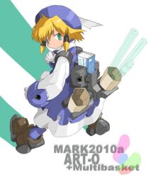  1girl 2010 blonde_hair blue_hat blue_socks brown_footwear character_name clenched_hand closed_mouth dress eraser full_body gloves green_eyes hair_tubes hat long_sleeves looking_back pixiv pixiv-tan short_hair socks solo soutasan white_dress white_gloves 