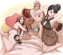  2boys 2girls adjusting_hair aerith_gainsborough arms_up ass bare_legs black_hair blonde_hair bow breasts brown_hair character_doll cleavage cloud_strife crossdressing final_fantasy final_fantasy_vii hair_bow hair_bun heart heart-shaped_pillow highres lingerie multiple_boys multiple_girls nightgown pillow red_hair red_xiii ryouto scar see-through sephiroth single_hair_bun smile spiked_hair tifa_lockhart underwear vincent_valentine zack_fair  rating:Questionable score:79 user:danbooru