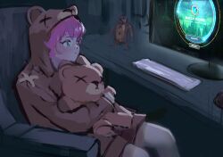  1girl absurdres animal_ears annie_(league_of_legends) fake_animal_ears figure green_eyes highres holding_stuffed_toy hood hoodie indoors keyboard_(computer) league_of_legends pink_hair playing_games shorts sitting stuffed_toy tibbers zytr0nn  rating:General score:6 user:Aikio
