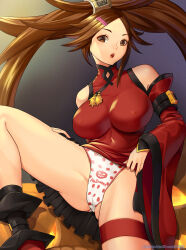 bare_shoulders breasts brown_eyes brown_hair clothes_lift covered_erect_nipples detached_sleeves dress dress_lift guilty_gear hair_ornament hairclip halloween highres impossible_clothes impossible_dress kuradoberi_jam large_breasts lifting_own_clothes long_hair open_mouth panties polka_dot polka_dot_panties red_dress red_sleeves seed01010 short_dress single_hair_ring spread_legs thigh_strap underwear very_long_hair wide_sleeves