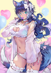 1girl animal_ear_fluff animal_ears animal_print balloon bell blue_eyes blue_hair blue_nails bow breasts candy cat_cutout cat_lingerie cat_panties cat_print choker clothing_cutout commentary_request facial_mark fingernails flower food hair_between_eyes hair_bow hair_flower hair_ornament highres holding holding_candy holding_food holding_lollipop jingle_bell kneeling large_breasts lollipop long_hair long_sleeves looking_at_viewer matsuda_(matsukichi) meme_attire nail_polish navel neck_bell original panties print_panties shoes side-tie_panties simple_background solo tail thighhighs thighs underwear whisker_markings white_bow white_choker white_footwear white_sleeves white_thighhighs yellow_background rating:Sensitive score:39 user:danbooru