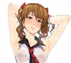 1girl armpits arms_up blush breasts brown_eyes brown_hair highres ishii_takamori looking_at_viewer necktie original solo wet white_background rating:Questionable score:58 user:sakuri