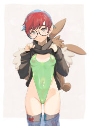  1girl alternate_legwear backpack bag blue_hair breasts clothes_lift clothes_pull cowboy_shot creatures_(company) game_freak glasses green_leotard grey_eyes highleg highleg_leotard highres hood hoodie hoodie_lift leotard leotard_under_clothes looking_at_viewer multicolored_hair navel nintendo nipples penny_(pokemon) pokemon pokemon_sv red_hair round_eyewear see-through short_hair simple_background skirt skirt_pull small_breasts solo thighhighs two-tone_hair white_background yugen99 