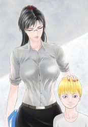  1boy 1girl absurdres artist_request black_hair blonde_hair breasts child hetero highres large_breasts mature_female sexually_suggestive  rating:Sensitive score:5 user:loli-juice
