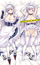 1girl :o azur_lane belfast_(azur_lane) blush breasts breasts_out caution_tape censored censored_nipples chain cleavage clothes_lift clothes_pull collar collarbone dakimakura_(medium) dress dress_lift dress_pull frilled_dress frilled_thighhighs frills full_body garter_belt gloves keep_out large_breasts long_hair looking_at_viewer lying maid maid_headdress multiple_views nakajima_yuka no_shoes on_back open_mouth panties panty_pull purple_eyes silver_hair smile string_panties tape_censor thighhighs underwear white_gloves white_thighhighs rating:Questionable score:9 user:danbooru