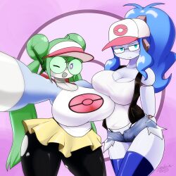 2girls antenna antenna_hair artist_name baseball_cap blue_eyes blue_hair breasts breasts_on_breasts cleavage cosplay costume denim denim_shorts doll_joints glasses green_hair hair_buns hat hilda_(pokemon) huge_breasts humanoid_robot joints large_breasts leggings multiple_girls one_eye_closed open_mouth original pokeball_symbol ponytail purple_eyes robot robot_girl robot_joints rosa_(pokemon) selfie shorts skirt sweatdrop thong tights twintails wink zedrin