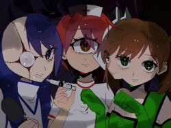  3girls black_background blue_eyes blue_hair brown_hair cross_scar cyclops gloves green_eyes green_gloves hashtag-only_commentary hat highres holding holding_microphone holding_syringe ichigou_(ikigusare) ikigusare long_hair looking_at_viewer microphone mimeme_756 missing_ear monster_girl multiple_faces multiple_girls multiple_mouths nigou_(ikigusare) nurse nurse_cap one-eyed red_eyes sangou_(ikigusare) scar short_hair short_twintails smile sparkle stitched_face stitches syringe twintails  rating:Sensitive score:3 user:danbooru