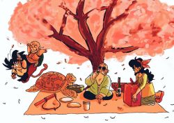  1girl 3boys aida_kaiko alcohol animal bald basket battle beard bento black_hair blanket blue_hair bottle bowl cherry_blossoms chinese_clothes commentary cup dragon_ball dragon_ball_(classic) drinking facial_hair falling_petals fighting fighting_stance floating food hair_ribbon hairband hanami happy indian_style kuririn looking_away lunch_(dragon_ball) lunch_(good)_(dragon_ball) multiple_boys muten_roushi ruyi_jingu_bang old old_man open_mouth petals plate profile red_hairband red_ribbon ribbon sake shadow simple_background sitting smile son_goku sunglasses symbol-only_commentary tree turtle umigame_(dragon_ball) v-shaped_eyebrows white_background 