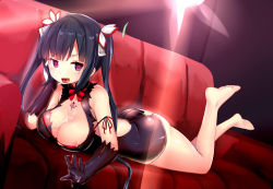 10s 1girl alternate_clothes_color alternate_color alternate_costume alternate_eye_color arm_ribbon ass backless_outfit bare_legs bare_shoulders barefoot black_dress black_hair blush breast_press breasts cleavage cleavage_cutout clothing_cutout corruption couch dark_persona dress dungeon_ni_deai_wo_motomeru_no_wa_machigatteiru_darou_ka artistic_error feet female_focus full_body gloves hair_ribbon heart hestia_(danmachi) highres large_breasts legs legs_up long_hair looking_at_viewer lying nipple_slip nipples on_stomach purple_eyes rei_no_himo ribbon short_dress simple_background smile solo tattoo tongue twintails yoshizawa_tsubaki rating:Questionable score:62 user:danbooru