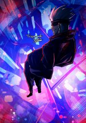  1boy 2022 absurdres artist_name back black_jacket black_pants blindfold commentary english_commentary from_above full_body gojou_satoru hair_up hands_in_pockets high_collar highres jacket jujutsu_kaisen male_focus multicolored_background pants smile solo trope_art 
