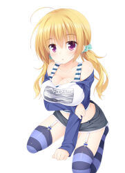  1girl ahoge aqua_scrunchie arm_under_breasts bare_shoulders black_shorts blonde_hair blue_shirt blush breast_hold breasts cleavage cleavage_cutout clenched_hand clothing_cutout collarbone commentary_request expressionless eyes_visible_through_hair frilled_shorts frills garter_straps grabbing_own_arm hair_between_eyes hair_ornament hair_scrunchie knees_out_of_frame large_breasts lena_liechtenauer long_sleeves looking_at_viewer low_twintails parted_lips purple_eyes scrunchie sekine_irie senren_banka shirt shorts simple_background sitting sleeves_past_wrists solo striped_clothes striped_thighhighs thighhighs thighs twintails two-tone_shirt wariza white_background white_shirt zettai_ryouiki 