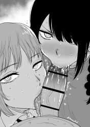  1boy 2girls :&gt;= absurdres bar_censor blush braid braided_ponytail censored chainsaw_man collared_shirt cooperative_fellatio erection expressionless fami_(chainsaw_man) fellatio grey_background greyscale hair_over_one_eye hetero highres kaiman_garupan licking licking_penis lips long_hair looking_at_viewer mole mole_under_eye monochrome multiple_girls nayuta_(chainsaw_man) open_mouth oral penis portrait pov ringed_eyes saliva shirt short_hair simple_background sweat swept_bangs tongue tongue_out upper_body wing_collar  rating:Explicit score:170 user:danbooru