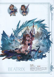  1girl absurdres ass bad_anatomy beatrix_(granblue_fantasy) bikini breasts brown_eyes brown_hair butt_crack character_name cleavage cold full_body fur_trim granblue_fantasy hair_ornament highres ice looking_at_viewer medium_breasts minaba_hideo multiple_views official_art open_mouth sandals scan simple_background sitting snowman swimsuit sword thigh_strap torn_clothes weapon wrist_cuffs  rating:Sensitive score:6 user:danbooru