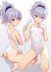 1girl absurdres ass barefoot breasts competition_swimsuit covered_navel darker_than_black highleg highleg_swimsuit highres holding holding_shower_head kawakami_rokkaku looking_at_viewer multiple_views one-piece_swimsuit ponytail purple_eyes shower_head simple_background sitting small_breasts swimsuit tile_floor tiles wariza white_hair white_one-piece_swimsuit yin_(darker_than_black) rating:Sensitive score:131 user:danbooru