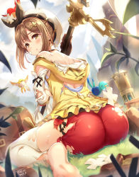 1girl ass atelier_(series) atelier_ryza atelier_ryza_1 barefoot bird blush brown_eyes brown_gloves brown_hair closed_mouth dated from_behind gloves grass hair_ornament hairclip hat highres holding holding_staff light_rays looking_at_viewer looking_back pout red_shorts reisalin_stout short_shorts shorts sitting solo staff sunbeam sunlight tears tel-o thighhighs torn_clothes torn_shorts torn_thighhighs white_hat white_thighhighs rating:Sensitive score:20 user:danbooru