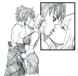  1boy 1girl couple haruno_sakura hetero kiss monochrome naruto naruto_(series) shizuki_shinra sketch uchiha_sasuke  rating:Questionable score:17 user:hgjhkgm