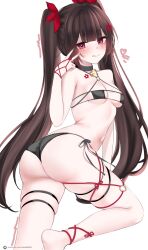  1girl :p acedia ass barefoot bikini black_bikini black_choker blush breasts brown_hair butterfly-shaped_pupils choker criss-cross_halter cross-laced_clothes eyepatch_bikini flower_tattoo from_behind hair_ornament halterneck heart honkai:_star_rail honkai_(series) long_hair looking_at_viewer looking_back navel neck_bell o-ring patreon_username pink_eyes side-tie_bikini_bottom simple_background skindentation small_breasts smile solo sparkle_(honkai:_star_rail) swimsuit symbol-shaped_pupils tattoo thigh_strap thighs tongue tongue_out twintails white_background 