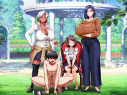  1boy 3girls artist_request barefoot black_hair blue_hair blush bowl breasts brown_hair censored chair cleavage closed_eyes clothed_female_nude_male collar crossed_arms erection faceless faceless_male feet femdom food game_cg grass hand_on_own_hip highres leash long_hair looking_at_viewer morino_kuma multiple_girls nipples nude open_mouth outdoors penis pet_play shoes short_hair silver_hair sitting skirt sky slave smile spread_legs thighhighs tongue  rating:Explicit score:70 user:TornAsunder