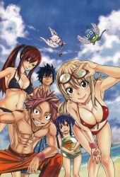 2boys 3girls abs absurdres armpits beach bikini black_bikini blonde_hair blue_hair breasts charle_(fairy_tail) cleaned cleavage earrings erza_scarlet eyewear_on_head fairy_tail fisheye gray_fullbuster grin happy_(fairy_tail) highres jewelry large_breasts long_hair looking_at_viewer lucy_heartfilia mashima_hiro multiple_boys multiple_girls muscular natsu_dragneel navel ocean official_art pendant pink_hair ponytail red_bikini red_hair smile spiked_hair swimsuit tattoo thigh_gap twintails wendy_marvell rating:Sensitive score:87 user:spiderfan