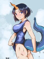  1girl artist_name ass black_hair blue_one-piece_swimsuit blush breasts closed_mouth clothes_pull cowboy_shot day dot_nose dragon_girl dragon_horns dragon_tail elma_(maidragon) embarrassed eyebrows eyelashes female_focus from_behind from_side horns kobayashi-san_chi_no_maidragon large_breasts looking_at_viewer looking_back medium_hair nean_black one-piece_swimsuit one-piece_swimsuit_pull outdoors single_horn solo swimsuit tail tail_hold wet 