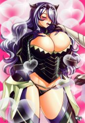 1girl 1other alternate_breast_size blush breast_suppress breasts camilla_(fire_emblem) cleavage closed_eyes commission corrin_(fire_emblem) curvy finger_to_mouth fire_emblem fire_emblem_fates gigantic_breasts hair_over_one_eye jadenkaiba long_hair nintendo open_mouth pelvic_curtain purple_hair solo_focus thick_thighs thighs tongue wide_hips rating:Sensitive score:63 user:dmysta3000