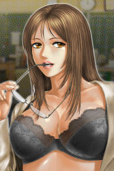1girl bra breasts brown_eyes brown_hair cleavage glasses highres k-on! large_breasts lingerie lips mouth_hold shirt solo teacher toten_(der_fuhrer) underwear yamanaka_sawako rating:Questionable score:58 user:danbooru