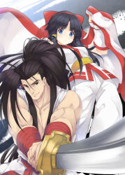 1boy 1girl ainu_clothes black_hair blue_eyes breasts brown_eyes clenched_hands fingerless_gloves gloves hair_ribbon haoumaru highres japanese_clothes legs long_hair looking_at_viewer medium_breasts nakoruru pants ponytail puckered_lips ribbon samurai_spirits smile snk sword the_king_of_fighters thighs weapon