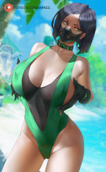 1girl araneesama artist_name black_bodysuit black_gloves black_hair blue_sky bob_cut bodysuit breasts cameltoe cleavage cloud collarbone commentary covered_erect_nipples day english_commentary gloves grabbing_own_breast green_bodysuit green_eyes highres large_breasts looking_to_the_side mask mouth_mask outdoors patreon_logo patreon_username short_hair sky solo standing two-tone_bodysuit valorant viper_(valorant) watermark web_address rating:Questionable score:151 user:SlayDash