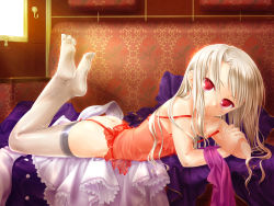  1girl arm_support ass back-seamed_legwear blonde_hair camisole clothes couch crossed_legs fate/hollow_ataraxia fate/stay_night fate_(series) feet flat_chest garter_belt garter_straps highres illyasviel_von_einzbern legs_up lingerie loli looking_at_viewer lying mizui_kaou no_panties no_shoes on_stomach red_eyes seamed_legwear see-through sitting smile solo strap_slip thighhighs toe_scrunch toes underwear wallpaper white_thighhighs  rating:Questionable score:193 user:danbooru