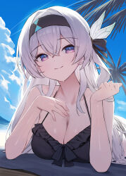  1girl absurdres alternate_costume bare_arms bare_shoulders beach_mat bikini black_bikini black_hairband blue_sky breasts cleavage closed_mouth cloud cloudy_sky commentary crossed_bangs day fingernails firefly_(honkai:_star_rail) frilled_bikini frills grey_hair hair_between_eyes hair_ornament hairband highres honkai:_star_rail honkai_(series) huhi_(huhi_1211) large_breasts long_hair looking_at_viewer lying on_stomach outdoors palm_leaf palm_tree pink_nails purple_eyes sky smile solo swimsuit tree wet 