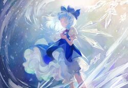  1girl absurdres blizzard bloomers blue_bow blue_dress blue_hair bow breedo cirno closed_eyes closed_mouth commentary dress feet_out_of_frame hands_up highres ice ice_wings medium_hair neck_ribbon puffy_short_sleeves puffy_sleeves red_ribbon ribbon shirt short_sleeves snowflakes solo symbol-only_commentary touhou touhou_lost_branch_of_legend underwear white_bloomers white_shirt wings  rating:General score:3 user:danbooru