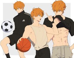  1boy abs absurdres ball basketball_(object) blue_eyes clothes_lift copyright_request highres honoljang multiple_pov orange_hair playing_sports pov shirt_lift soccer tank_top 
