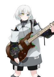  1girl absurdres bang_dream! bang_dream!_it&#039;s_mygo!!!!! black_shorts blue_eyes closed_mouth commentary_request cowboy_shot electric_guitar guitar heterochromia highres holding holding_guitar holding_instrument holding_plectrum instrument jacket kaname_raana long_sleeves looking_at_viewer onichan_anarchy plectrum short_hair shorts simple_background solo white_background white_hair white_jacket yellow_eyes 
