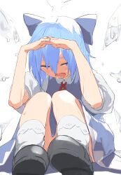  1girl black_footwear blue_bow blue_dress blue_eyes blue_hair blue_nails bow cirno convenient_leg dress full_body hair_bow highres hot ice ice_wings long_hair melting neck_ribbon on_ground open_mouth own_hands_together pocche-ex puffy_short_sleeves puffy_sleeves red_ribbon ribbon shirt shoes short_sleeves simple_background sitting socks solo sweat touhou wavy_mouth white_background white_shirt white_socks wings 