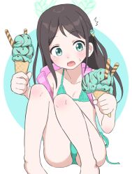  1girl ^^^ airi_(blue_archive) backpack bag bikini blue_archive brown_hair bubukka flat_chest food food-themed_hair_ornament green_background green_bikini green_halo hair_ornament halo holding holding_food holding_ice_cream ice_cream ice_cream_hair_ornament knees_up loli long_hair md5_mismatch micro_bikini open_mouth parted_bangs pink_bag randoseru side-tie_bikini_bottom sitting solo swimsuit two-tone_background webp-to-png_conversion white_background  rating:Questionable score:25 user:romantic_colors