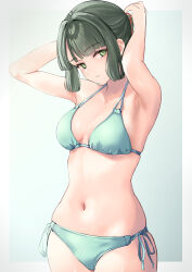  1girl absurdres armpits arms_up bikini blunt_bangs border breasts breasts_apart carskey cowboy_shot flower_knot gradient_background green_background green_bikini green_eyes green_hair hashtag-only_commentary highres link!_like!_love_live! looking_at_viewer love_live! medium_breasts momose_ginko navel outside_border parted_lips short_hair side-tie_bikini_bottom sidelocks solo stomach swimsuit tying_hair virtual_youtuber white_border 