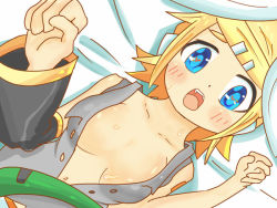  00s 1girl arm_tattoo blonde_hair blue_eyes blush bow breasts cleavage detached_sleeves hair_bow hair_ornament hairclip headphones heart heart-shaped_pupils kagamine_rin looking_at_viewer lying medium_breasts navel no_bra on_back open_clothes open_mouth psboy short_hair solo sweat symbol-shaped_pupils tattoo vocaloid white_bow 