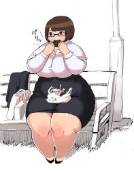  1girl breasts brown_eyes brown_hair fat glasses huge_breasts kjmvideo short_hair sitting solo thick_thighs thighs wide_hips 