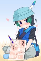  1boy ^^^ bag black_hair black_shirt blouse blue_hat blue_vest blush booth_tomato censored commentary crossed_legs cum cum_on_body cum_on_lower_body cum_on_male drawing ejaculation green_hair grey_shorts hat hat_feather heart implied_masturbation kemono_friends kemono_friends_2 kyururu_(kemono_friends) looking_at_viewer male_focus male_masturbation masturbation multicolored_hair pencil penis purple_eyes revealing_cutout revealing_layer shirt short_hair shorts shoulder_bag sitting sketchbook smile solo sweat vest 