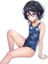  1girl arm_support bare_shoulders black_hair bleach breasts bright_pupils cameltoe collarbone commentary covered_navel ebora english_commentary flipped_hair foot_out_of_frame furrowed_brow hair_between_eyes highres invisible_chair kuchiki_rukia looking_at_viewer medium_hair parted_lips purple_eyes school_swimsuit sidelocks simple_background sitting small_breasts solo straight_hair swimsuit v-shaped_eyebrows white_background white_pupils  rating:Questionable score:58 user:danbooru
