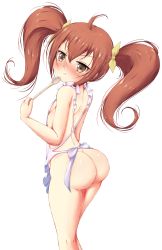 1girl :t absurdres ahoge apron ass blush brown_eyes brown_hair ether_core from_behind hair_between_eyes head_tilt highres huge_ass kneepits kurusu_kanako kyojiri_loli loli long_hair looking_at_viewer looking_back naked_apron ore_no_imouto_ga_konna_ni_kawaii_wake_ga_nai scowl shiny_skin simple_background solo spoon standing thighs twintails two_side_up white_background rating:Questionable score:315 user:danbooru